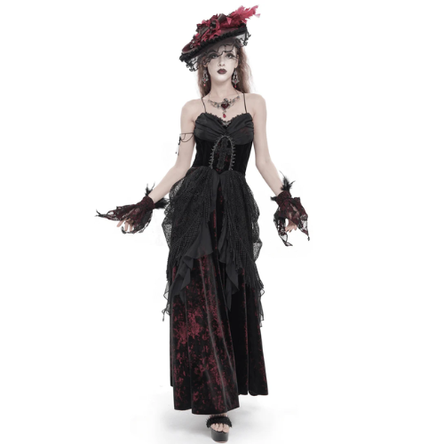Female Gothic Lace‑Up Dress with Ruffled Tulle Layers