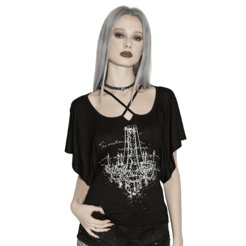 Gothic Pendant Lamp Print T‑Shirt with Cross Collar