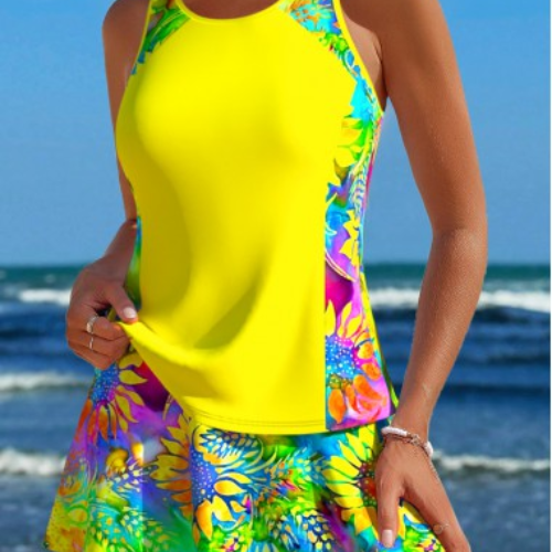Patchwork Yellow Sunflower Print Tankini Set